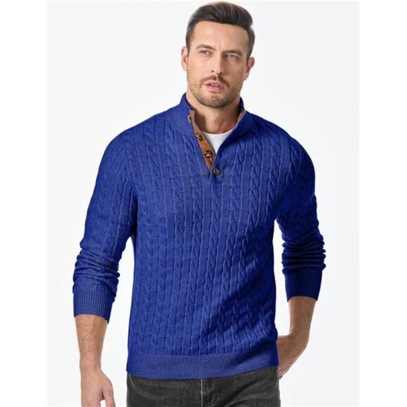 NEW Men's Cable Knit Pullover Sweater Casual Long Sleeve Stand Collar - Picture 3 of 6
